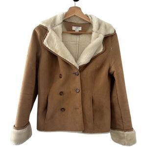 Vintage LOFT Faux Shearling Jacket Small Brown Suede Fur Lined 90s Y2K Tan